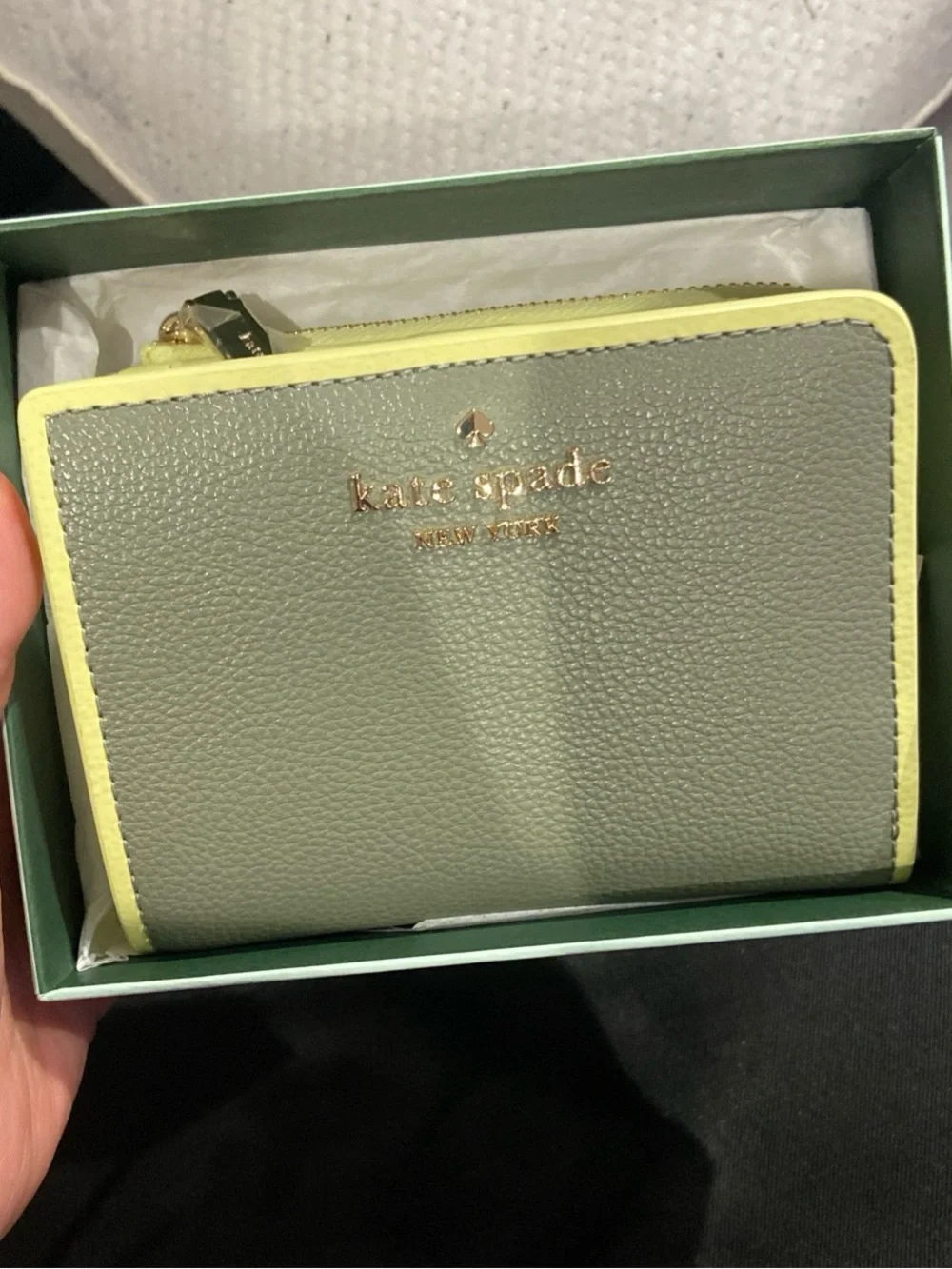 kate spade Gray Card Wallet with Yellow Trim and Gold Logo